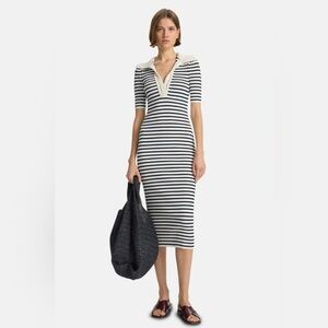 A.L.C Darcy Crochet Polo Collar Trim Ribbed Striped Midi Dress Navy Bone